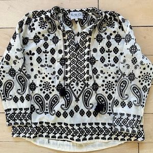 SEA New York 2 embroidered peasant Short Sleeve Print Tie Neck Black Cream